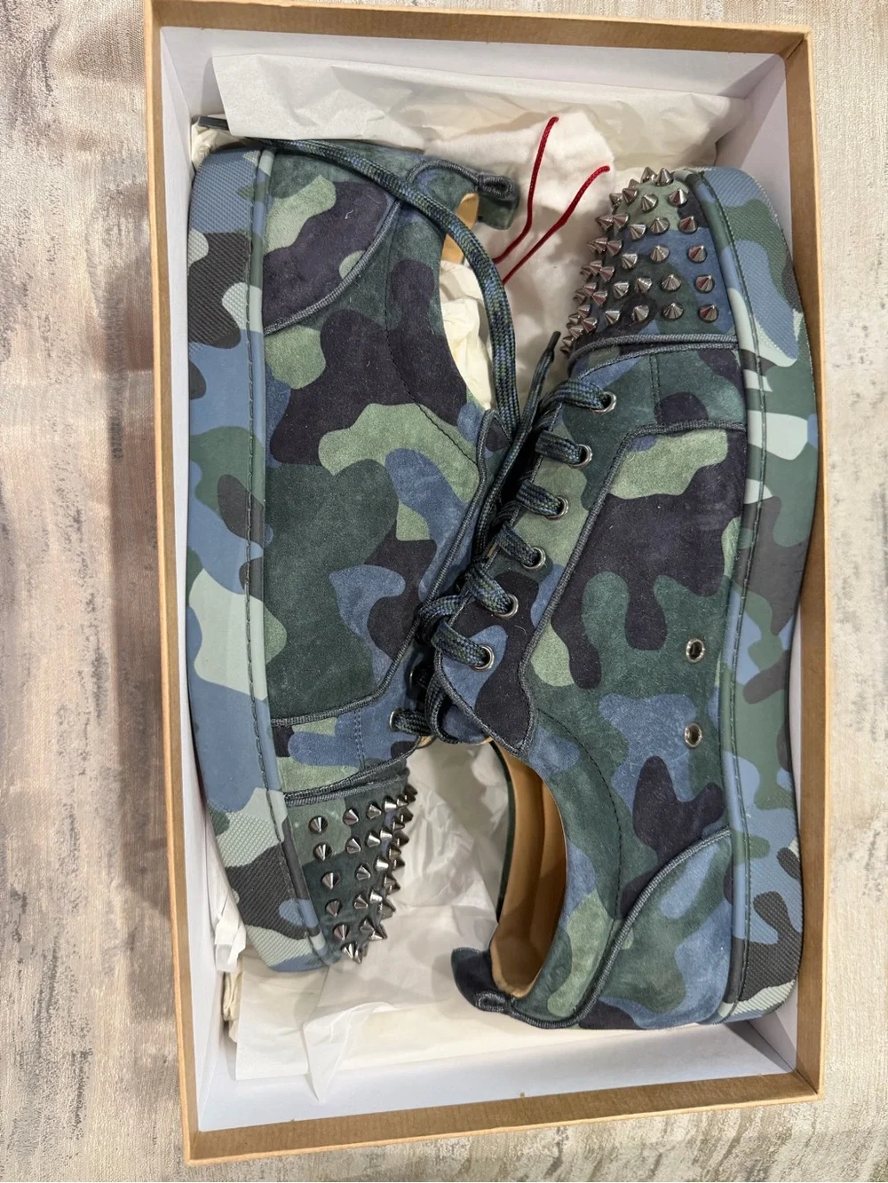 Christian Louboutin Camo Studded Low-Top Sneakers in Green, Blue, Black
